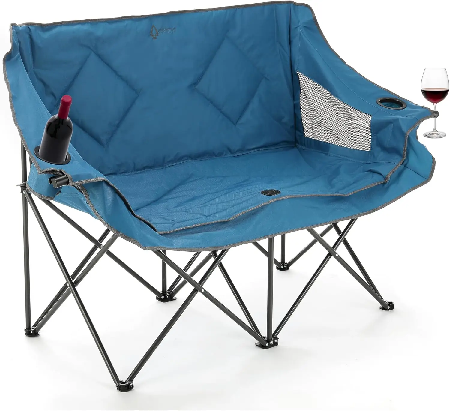 Portable Folding Double Duo Camping Chair Loveseat w/ 2 Cup & Wine Glass Holder, Heavy-Duty Carrying Bag, Padd