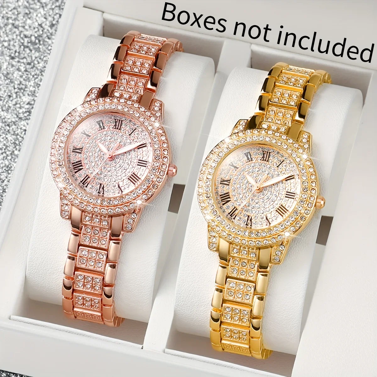 2pcs/set Fashion Quartz Bracelet Watches Set, Stainless Steel, Fully Embellished With Imitation  Boxes Not Included