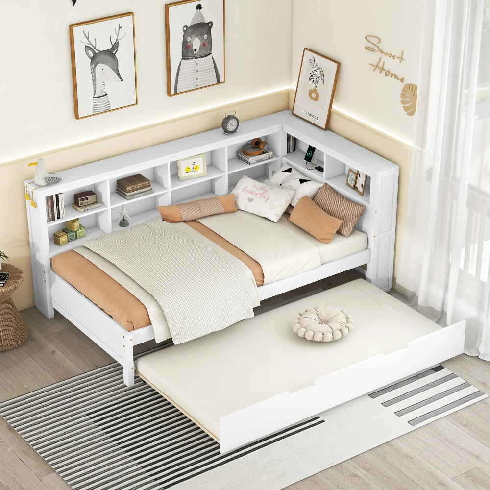 Wooden Twin Size DayBed with Twin Trundle, DayBed with Storage Shelf and USB Charging Ports Space-saving