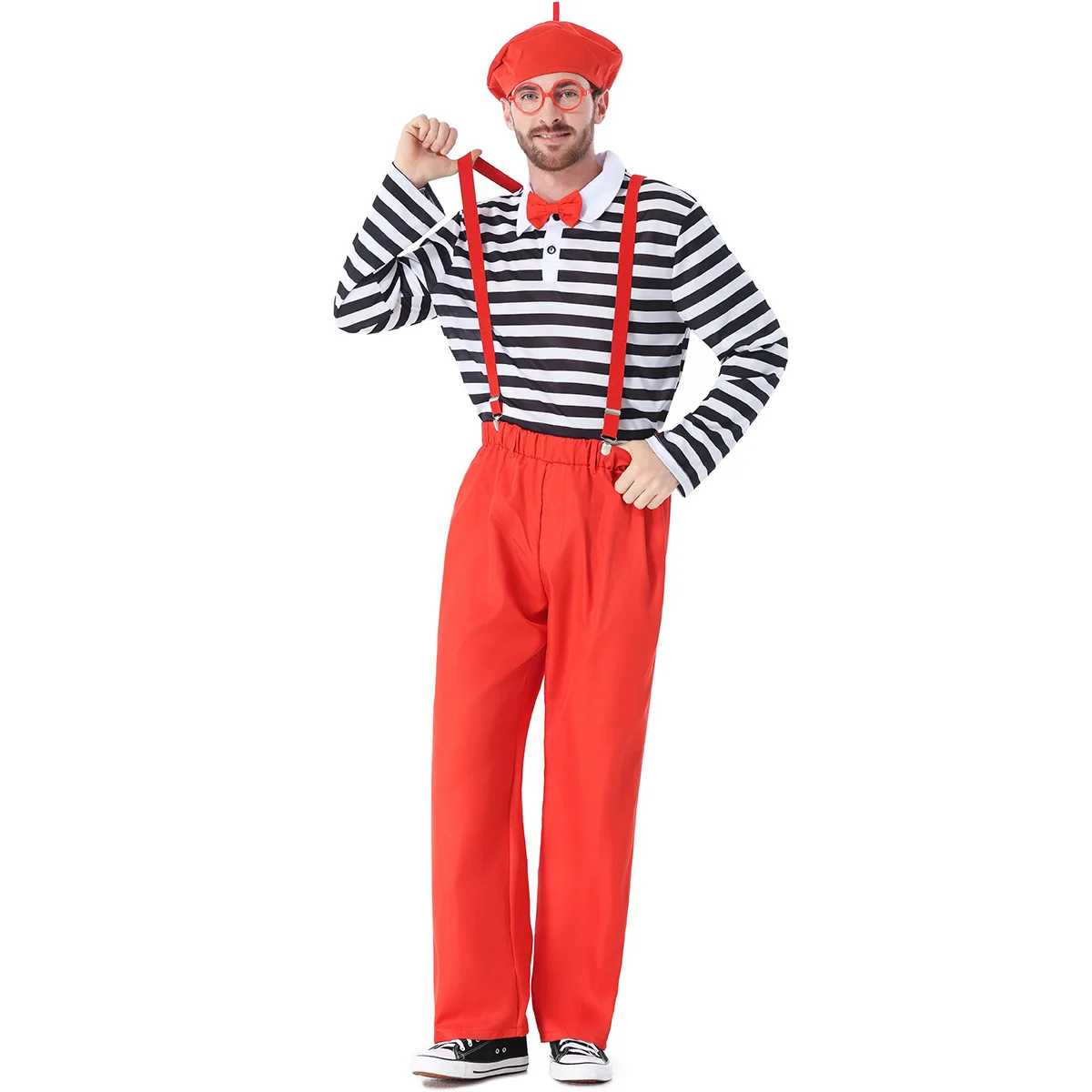 Costume d'Halloween pour adulte, tenue de clown avec bretelles rouges, tenue de performance de mime comique à rayures noires et blanches