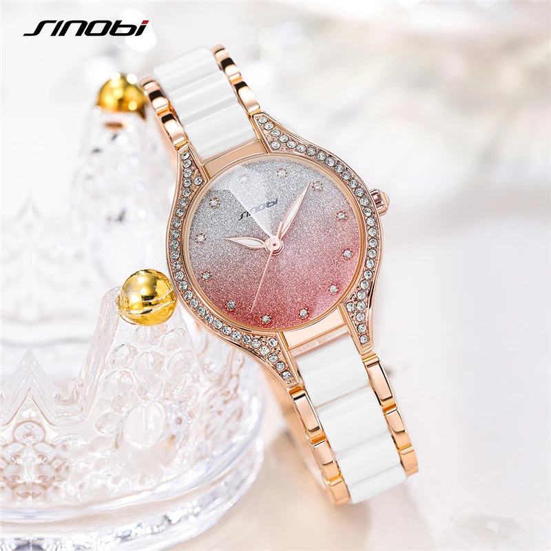 SINOBI Women Watches Rhinstone Rose Gold Dial White Strap Montres Femme Japanese Quartz Movement Luxury Clock Relogio Feminino