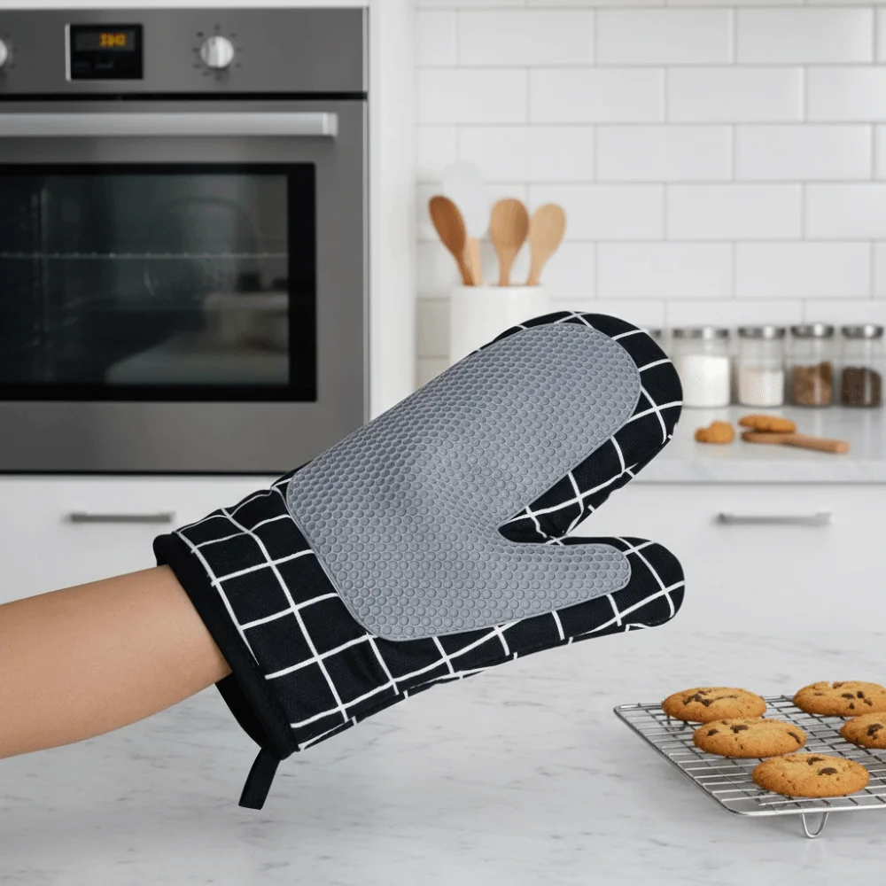 1 Pair Silicone Pad Design Kitchen Microwave Gloves Cotton Lining Heat-resistant Baking Mitts Thickened Anti Scalding - view 3