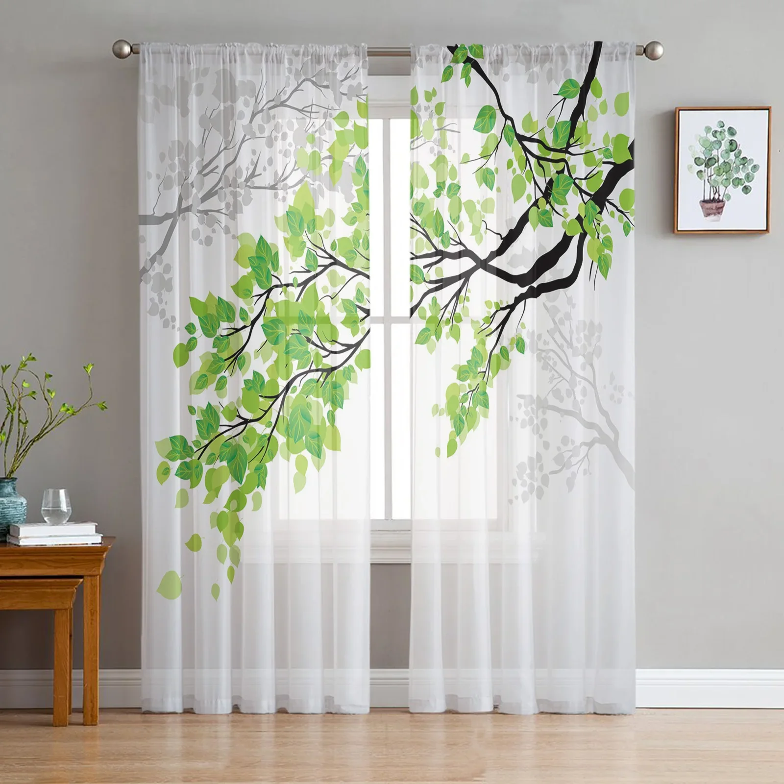 Plant Branch Green Leaves Tulle Sheer Curtains for Living Room Decoration Window Curtain for Bedroom Voile Organza Drapes