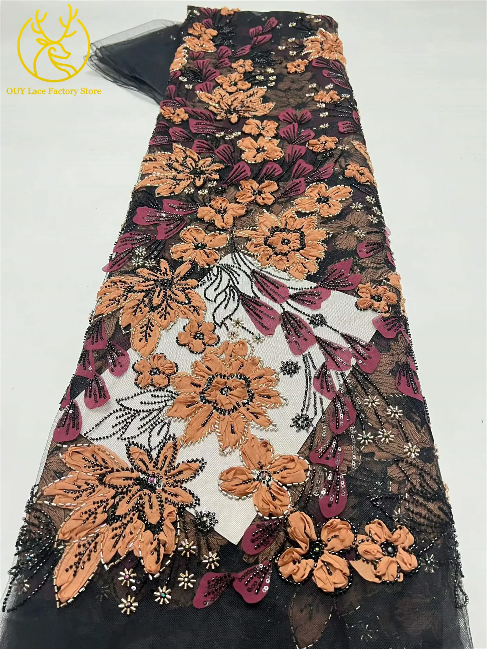 Exquisiter französischer Spitzenstoff mit Blumenstickerei und Pailletten, afrikanischer Perlen-Spitzenstoff für nigerianische Party- und Hochzeitskleider zum Nähen. – Detail 5
