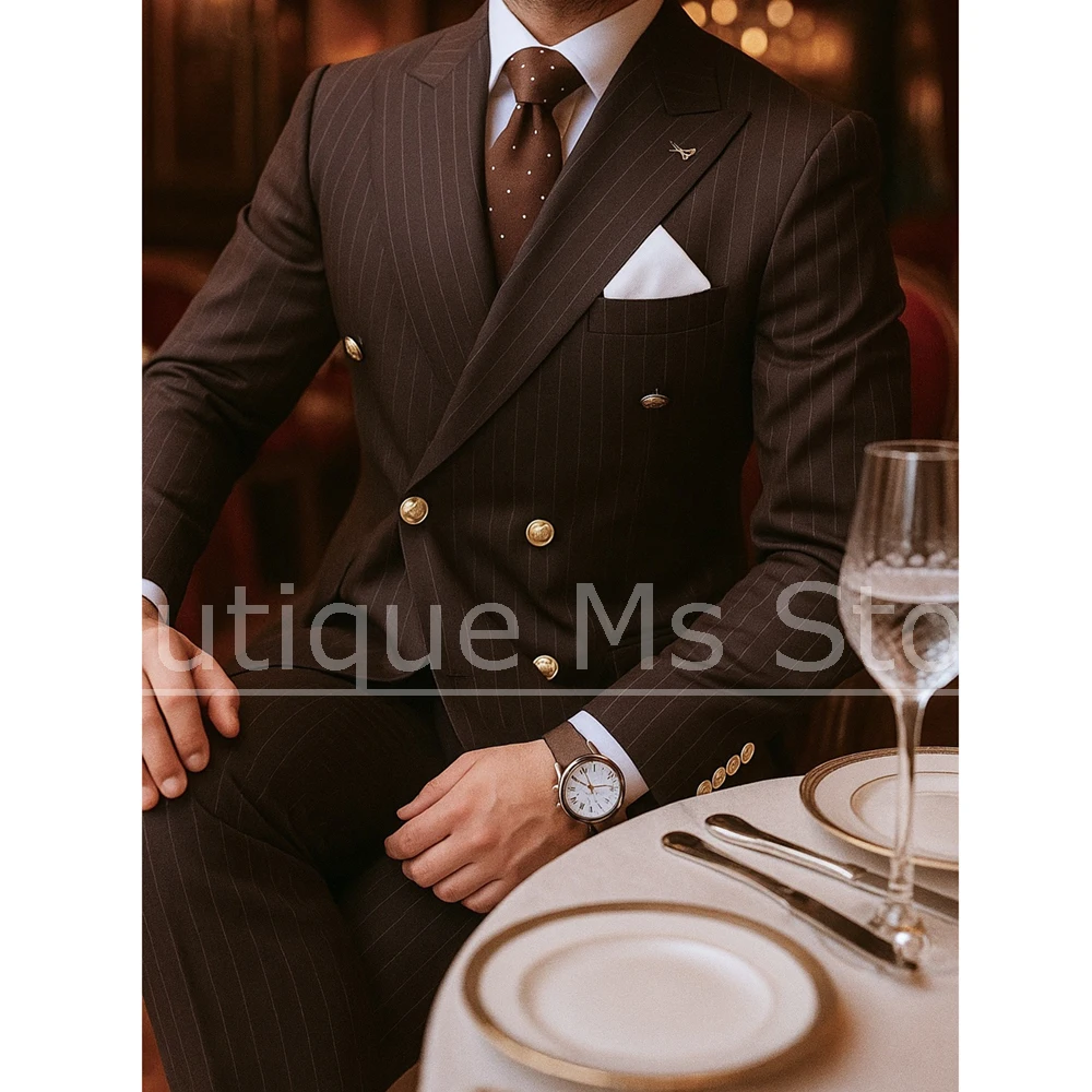 

Men's Brown Pinstripe Suit Set Double Breasted Peak Lapel Wear 2 Piece Elegant Business Casual Wedding Tailored Male Suit