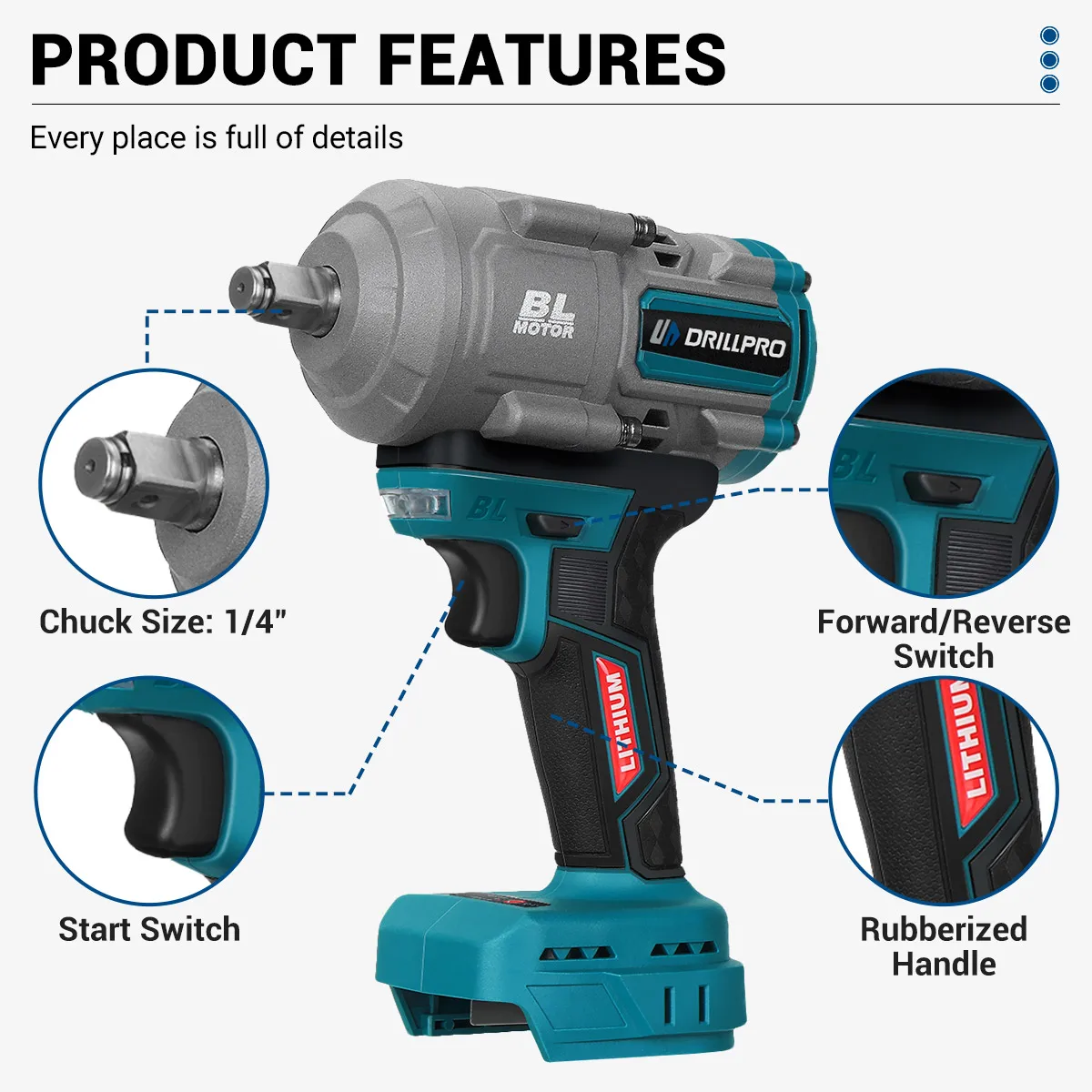 Drillpro 1000N.M Torque Brushless Electric Impact Wrench Cordless Electric Wrench 1/2 inch for Makita 18V Battery Power Tools