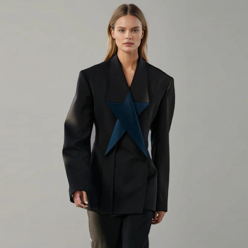 

Casual Patchwork Button Chic Tunic Blazers For Women Notched Collar Long Sleeve Minimalist Hit Color Slimming Coat Female