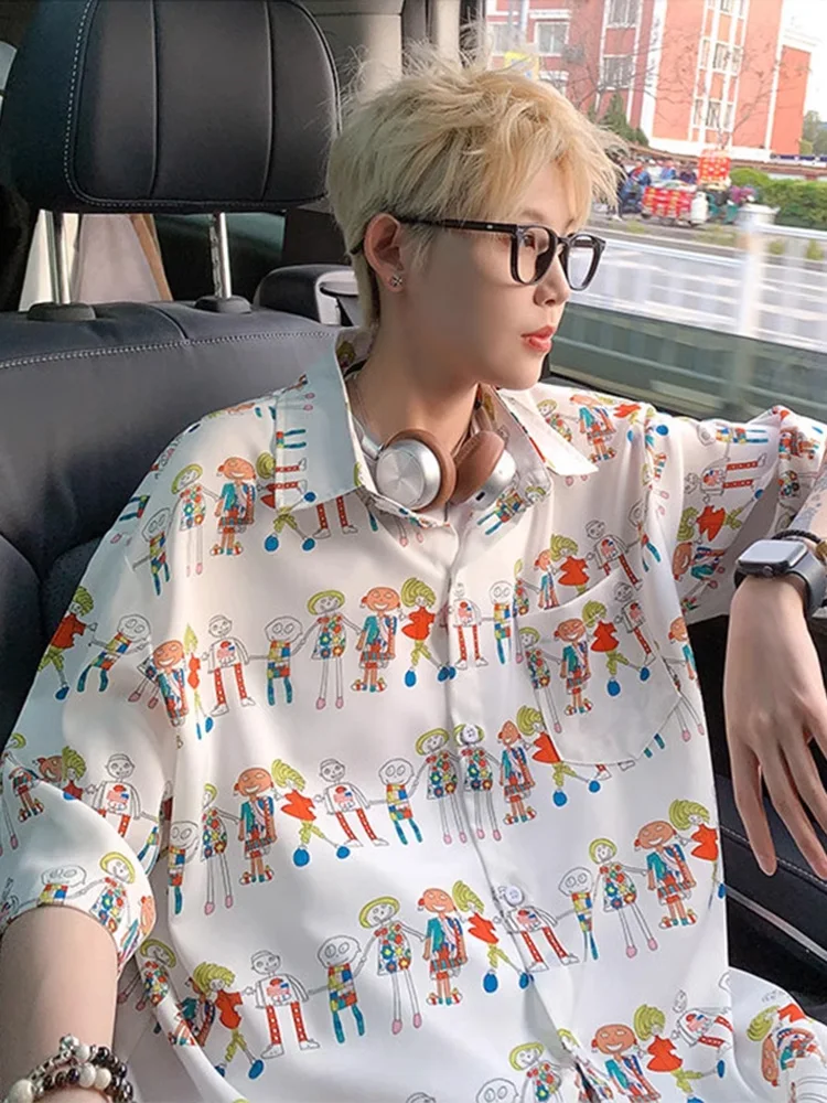 

Faionable Loose Ice Silk Men's irt Summer Trendy Brand Floral Print ort Sve Couple's Clothing Youth Sle