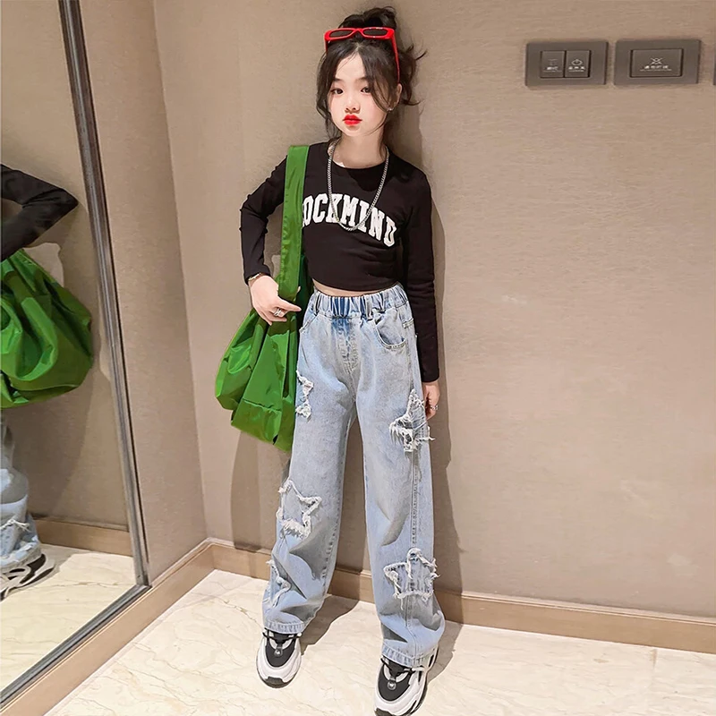 New Fashion Teenager Girls Denim Wide Leg Pants Children Trousers Spring Autumn Star Pattern Girls Jeans 5-14 Years Kids Clothes