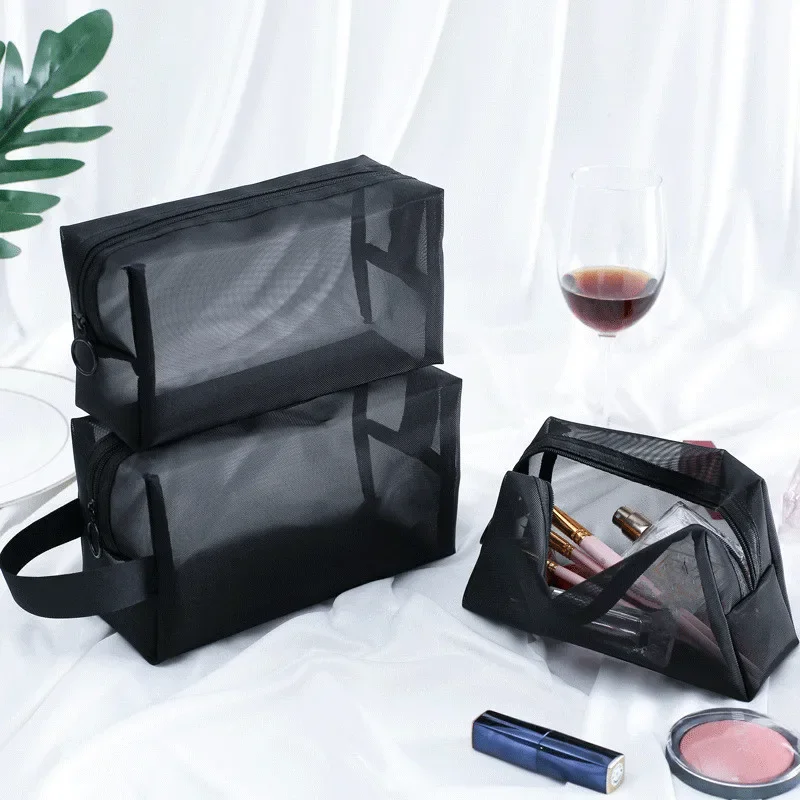 Female Makeup Bag Fashion Mesh Transparent Casual Travel Mini Large Wash Storage Bags Women Black Color Zipper Cosmetic Bag