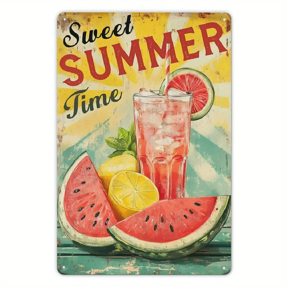 2D Flat Sweet Summertime Watermelon Lemonade Metal Tin Sign - Retro Wall Decor with Vibrant Watercolor Design,