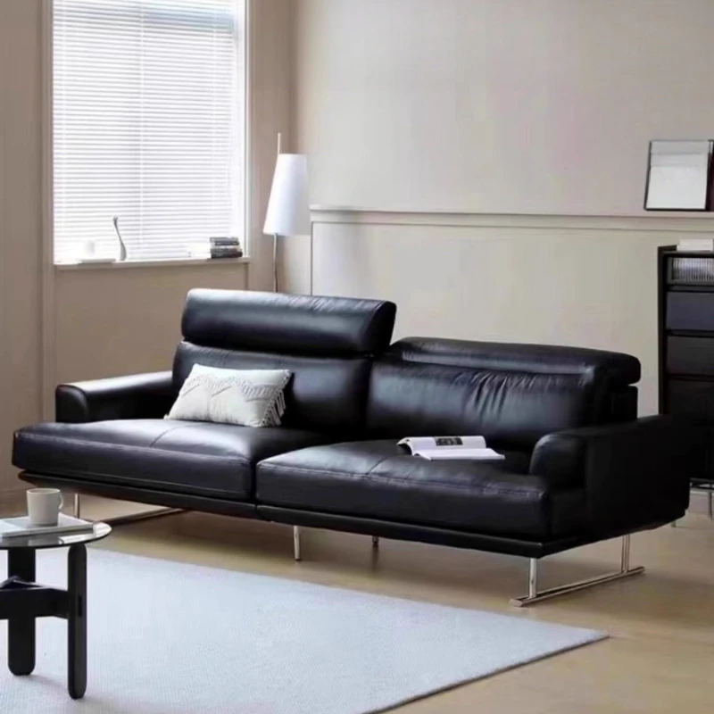 

Italian leather first layer cowhide sofa retro medieval small apartment three-person minimalist high backrest straight row sofa