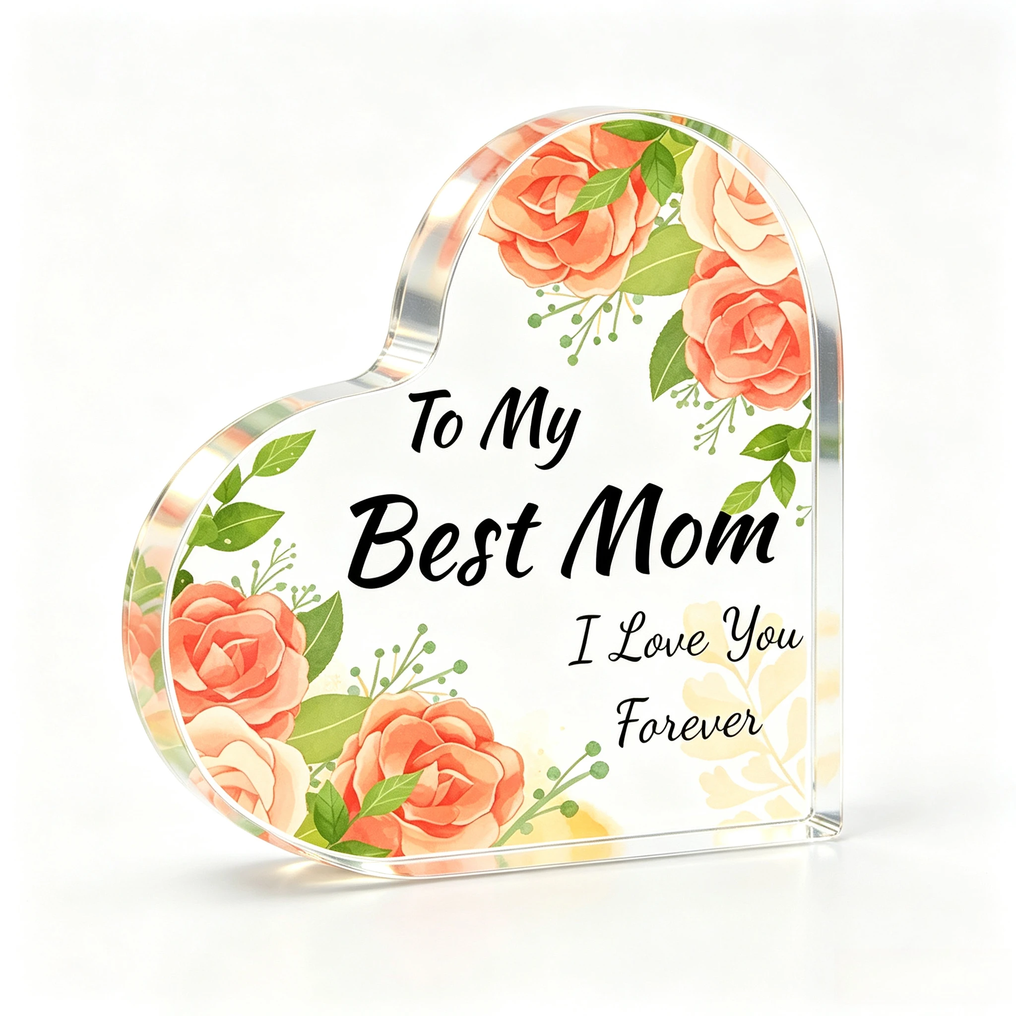 Peach Floral Heart‑Shaped Acrylic Ornament, Mom Birthday Mother's Day Tabletop Decor