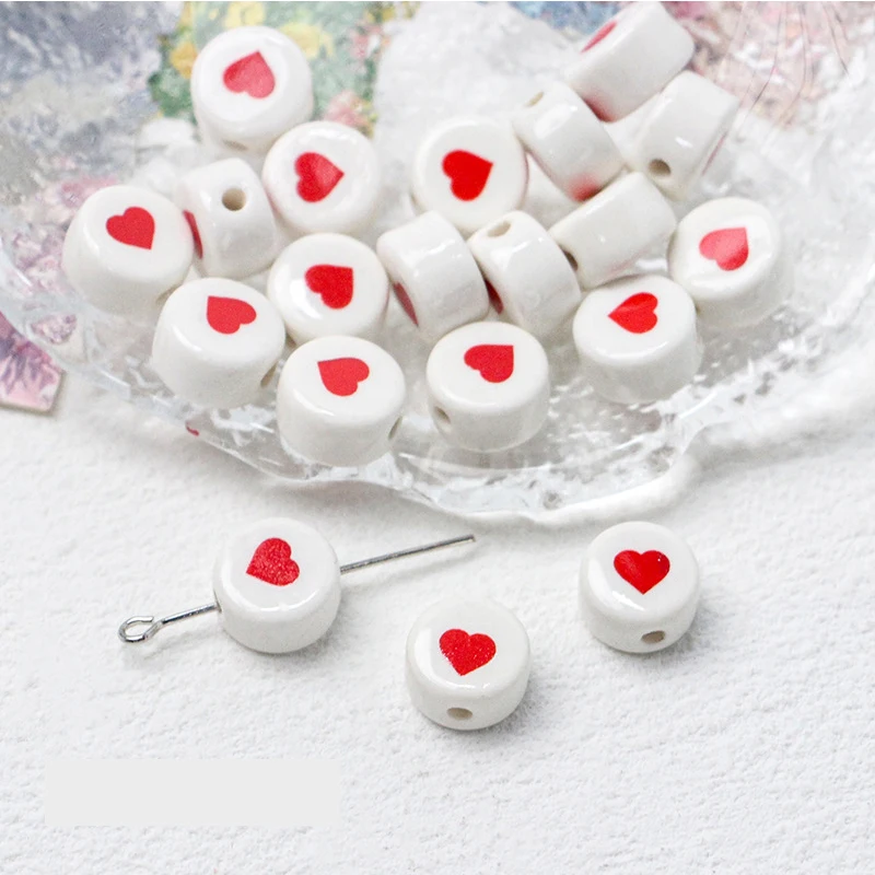 5-10pcs Pack Painted Red Ceramic Bead Handmade Multiple Pattern Spacer Bead for Jewelry Making DIY Christmas Accessories