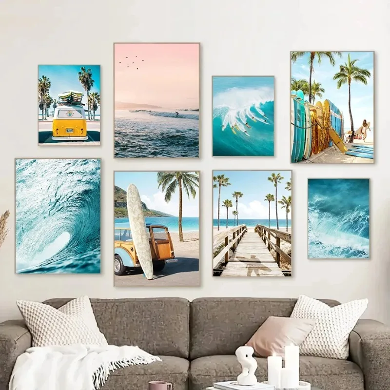 Summer Sunshine Beach Surf Palm Trees Sea View Poster Canvas Paintings Wall Art Pictures Home Decor