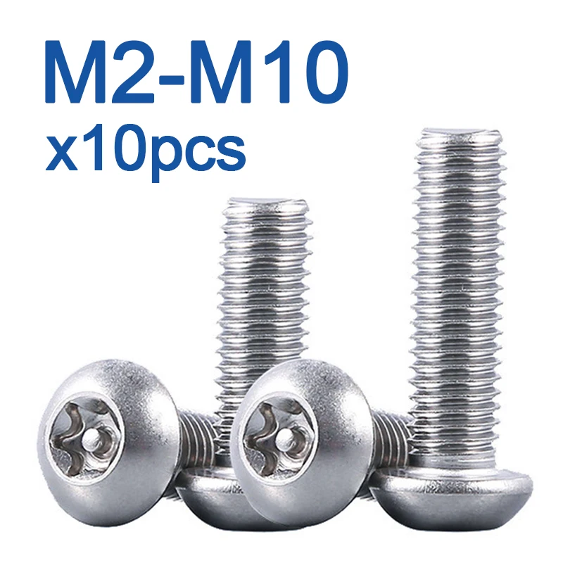 10pcs/lot M2 M2.5 M3 M4 M5 M6 M8 M10 A2-70 Stainless Steel Torx Button Head Tamper Proof Security Screws