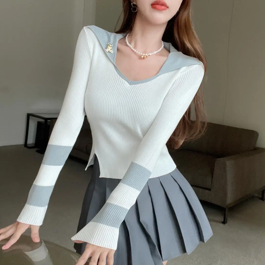 Preppy Style Knit Two Piece Sets Women Sweet Knitted Sweater Crop Tops+High Waist Mini Pleated Skirts Sets Fashion Casual Suits