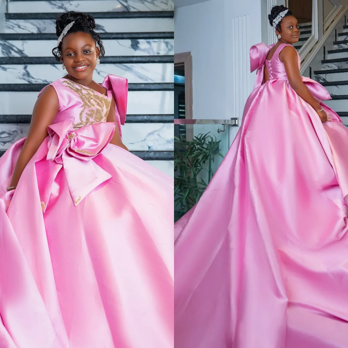 

Роскошные розовые атласные платья для девочек на день рождения, бальные платья на заказ, расшитые бисером, с цветочным узором, великолепные детские платья для конкурсов красоты