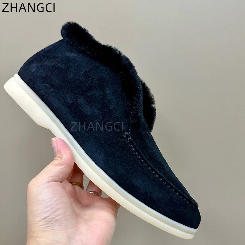 2024 high quality Luxury Designer Genuine Leather Winter Shoes Men\'s and Women\'s Warm Snow Boots Round Toe Flat Casual