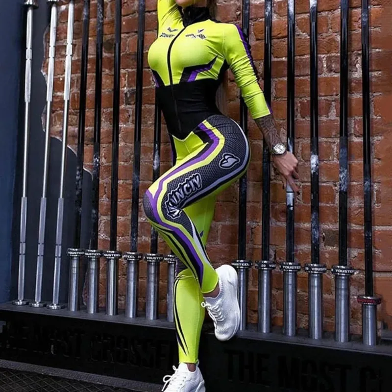 المرأة ضيقة بذلة 2025 سباق نمط سحاب مطبوع الوقوف طوق كم طويل يغطي الرجل ملابس رياضية امرأة الصالة الرياضية اليوغا 91276