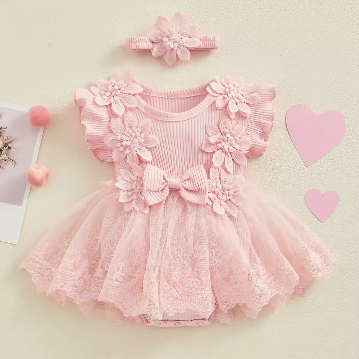 Newborn Baby Girl Lace Ruffle Bodysuits Dress Headband Summer Fashion Lace Rompers Outfits Mesh Toddler Jumpsuits 2pcs Clothes
