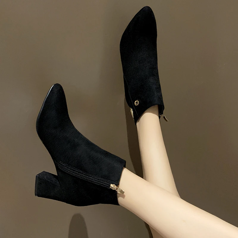 2023 Winter Shoes for Female Side Zip Women's Ankle Boots Pointed Toe Square Heel Women's Shoes Plus Size Modern Ladies Boots