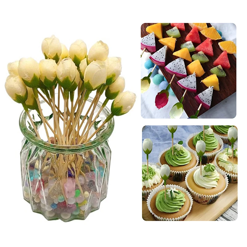 New#10Pcs Creative Flower Fruit Sticks Cake Topper Cocktail Picks Appetizers Fruit Sticks For Wedding Birthday Dessert Decor