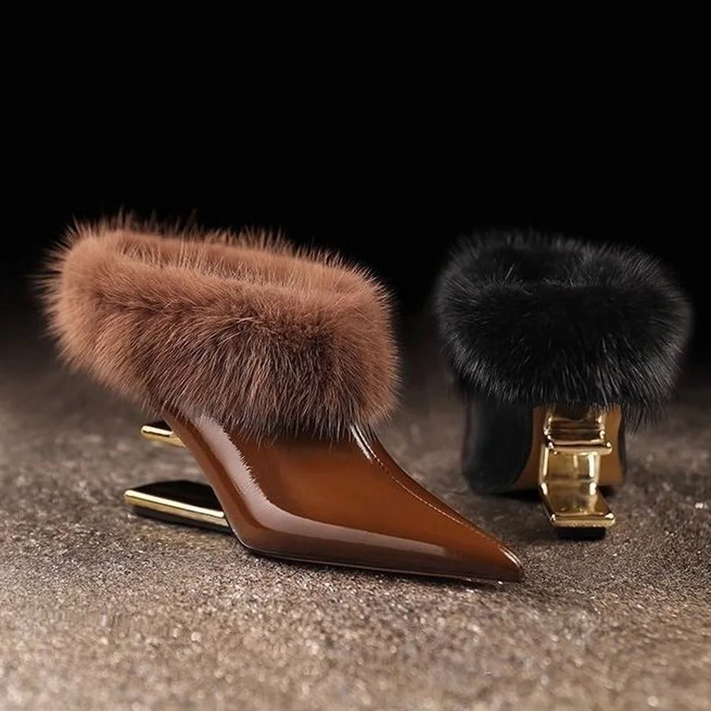 FHC 2025 nuevas botas desnudas de mulas, zapatos peludos de invierno para mujer, zapatillas, punta puntiaguda, cuñas de tacón anormal, sin cordones, negro, marrón, Dropship