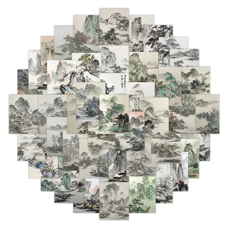 60Pcs Retro Chinese Style Landscape Painting Stickers Aesthetic View Illustration Decorative Sticker for Phone Fridge Notebook