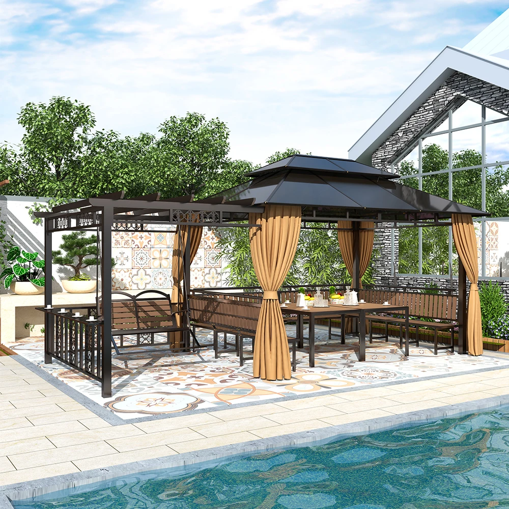 

Garden Pavilion Wrought Iron Gazebo Mosquito Net Pergola Tent 300*500CM Durable Waterproof Sunshade Powder Coated Dark Brown
