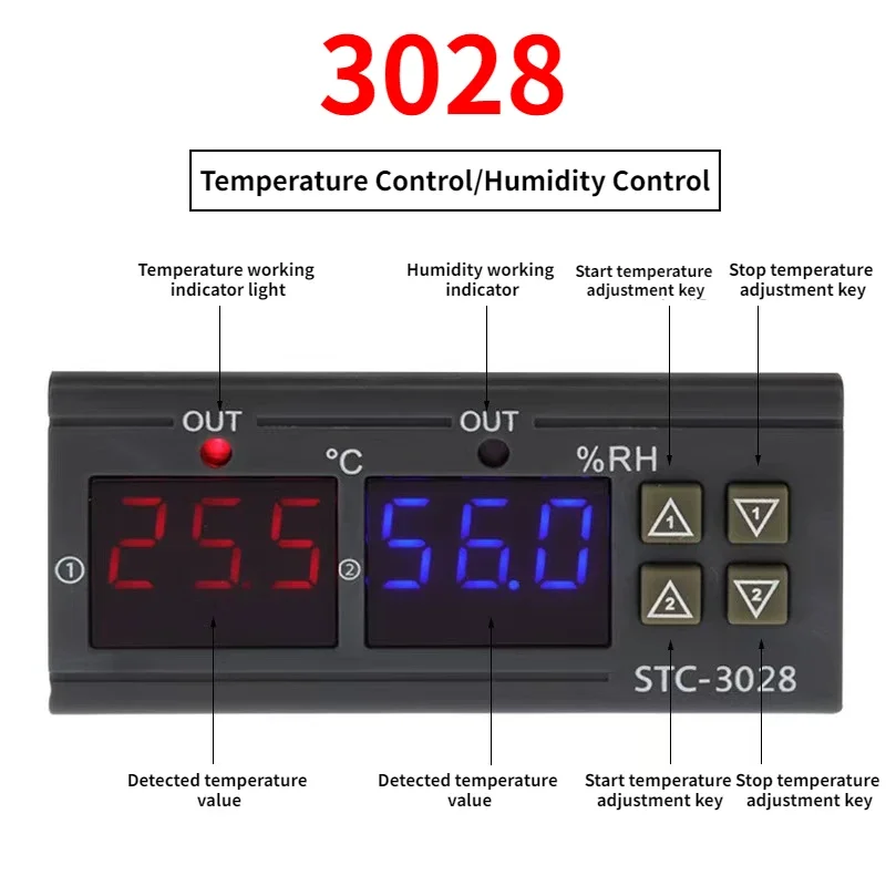 Dual Digital Thermostat Temperature Humidity Control STC-3028 Thermometer Hygrometer Incubator Controller AC 220V DC 12V 24V