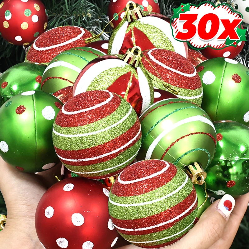 6-30Pcs Red Green Christmas Ball Ornaments Glittering Plastic Hanging Decorations White Spiral Spot Painting Balls for Xmas Tree