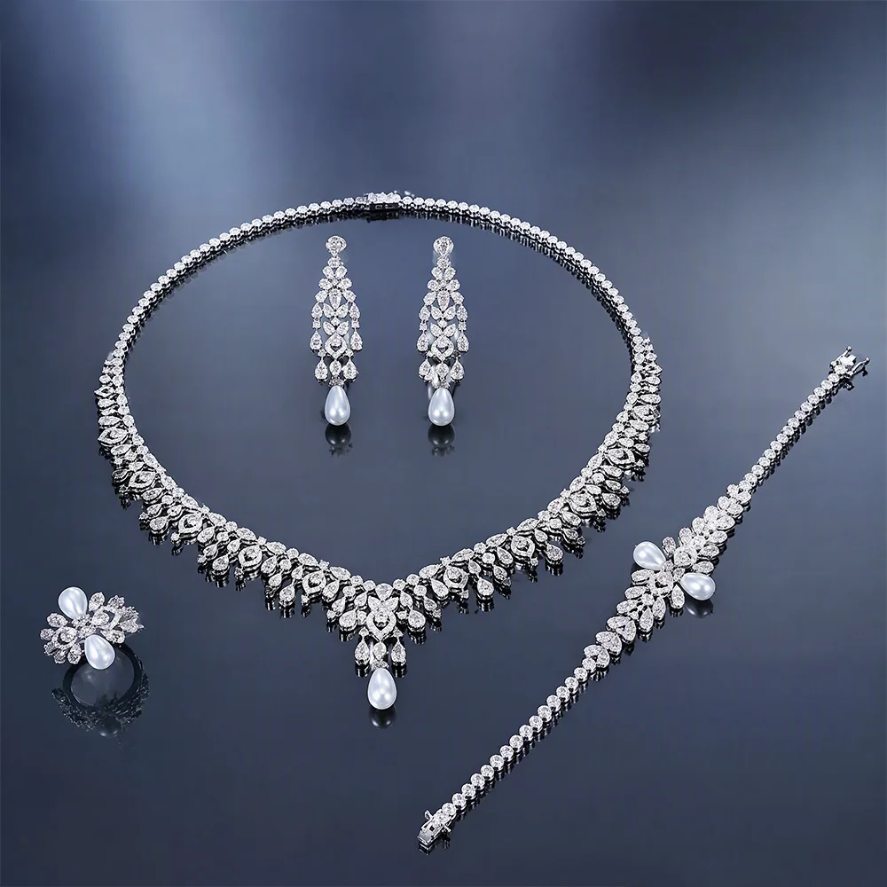 Luxury 4PCS Multi-layer Teardrop Tassel Bridal Jewelry Set, Dubai African Cubic Zirconia Necklace Earrings Bracelet Ring