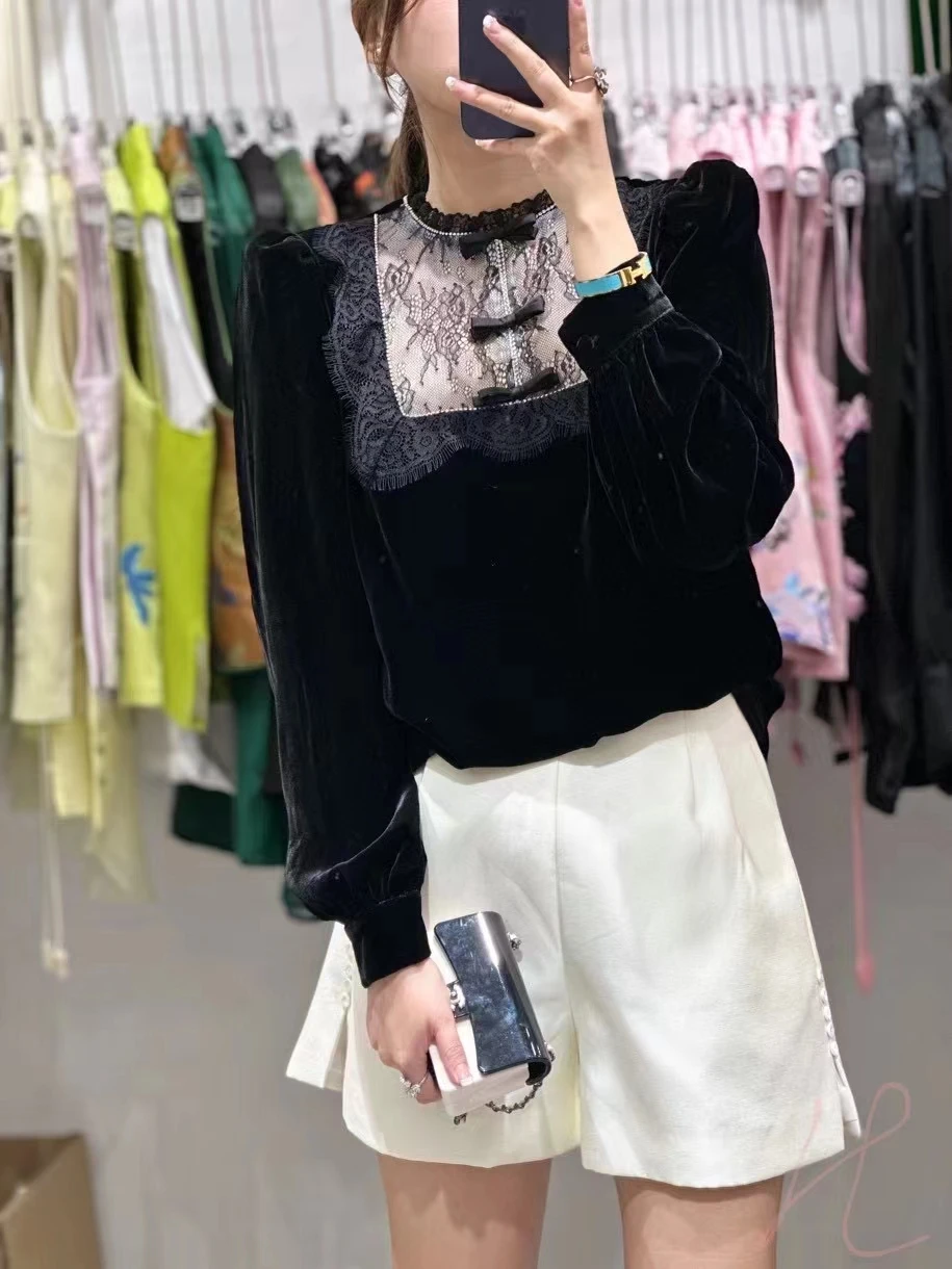 High End Black Silk+Velvet New Chinese Style Shirt For Women  Lace Spliced Collar Long Sleeves Fashionable And Elegant Top M-XL