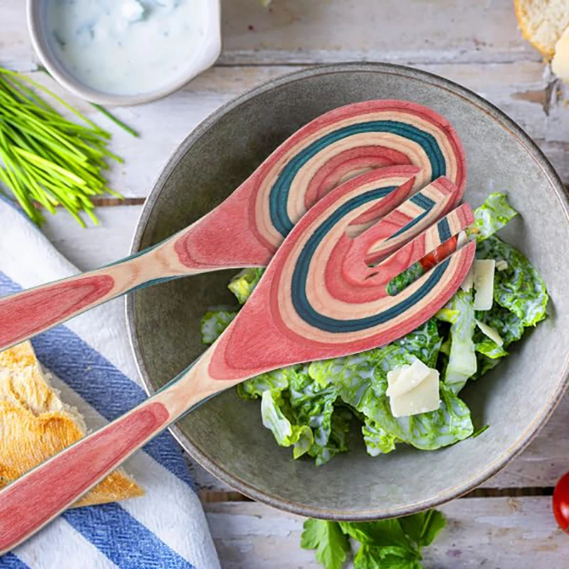 

IK 2PCS Wooden Large Spoon Fork Set Salad Servers Pakkawood Cutlery Set Long Handle Serving Salad Scoop Kitchen Utensils
