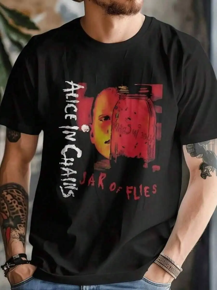 T Print ,Graphic-Cotton Tees Plus, Cartoon Round Neck Short Sleeve, Men's Plus Size "Alice In Chains - Jar Of Flies" Rock Band
