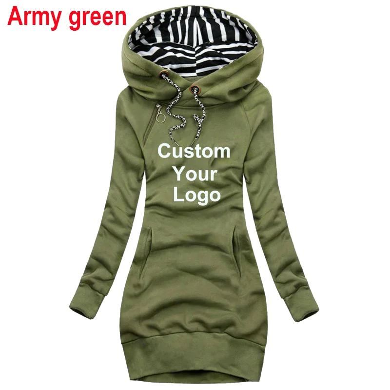 Custom LOGO Women Hooded Dress Brand Fashion Casual Stripe Hat Spring Autumn DIY Design Streetwear Female Mid Length Sweatshirt