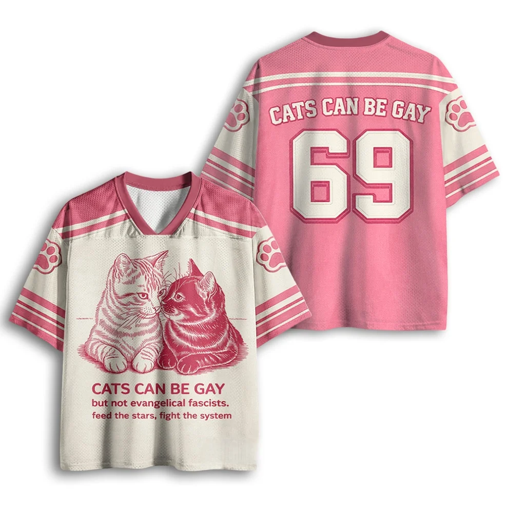 Support Equality Theme Two Kitten Drawing Mesh Short Sleeve Jersey Back Large Number Letter Print Paw Cuff Unisex Casual Top
