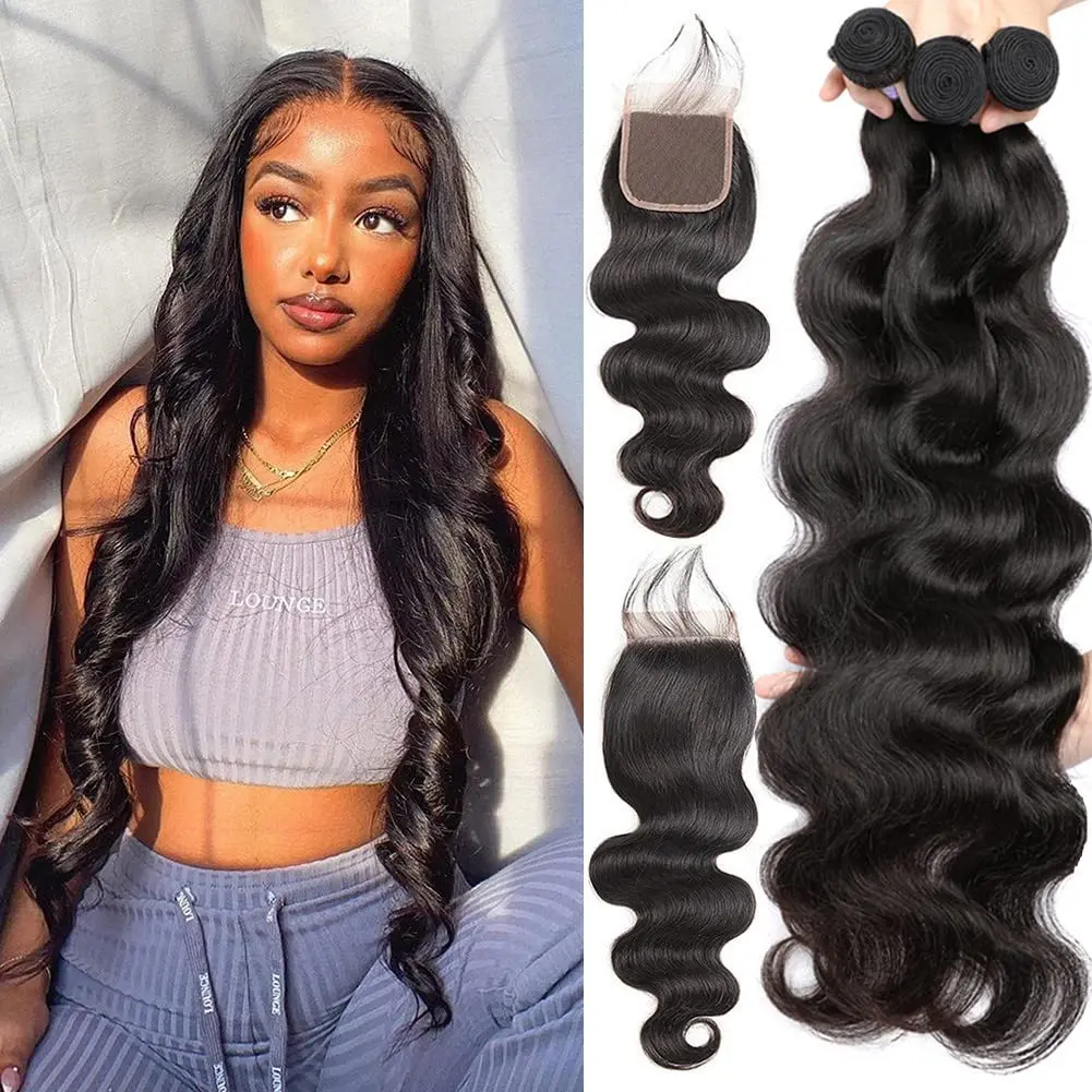 Bundles with Closure Body Wave Hair Weaves 44 Lace Closure with 3 Bundles 100% Brazilian Virgin Remy Hum