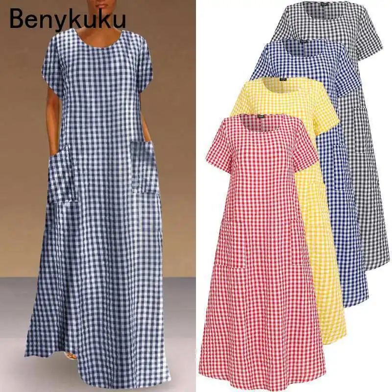 Plaid Check Bohemian Maxi Long Dress Loose Kaftan Women Vintage Plus Size Sundress Casual Robe Femme Ladies Short Sleeve Vestido