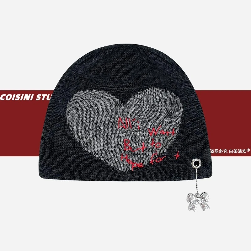 

Korean Love Jacquard Metal Bow Chain Pullover Knitted Hat Women's Autumn and Winter Letter Embroidery Y2k Warm Skull Beanie Caps