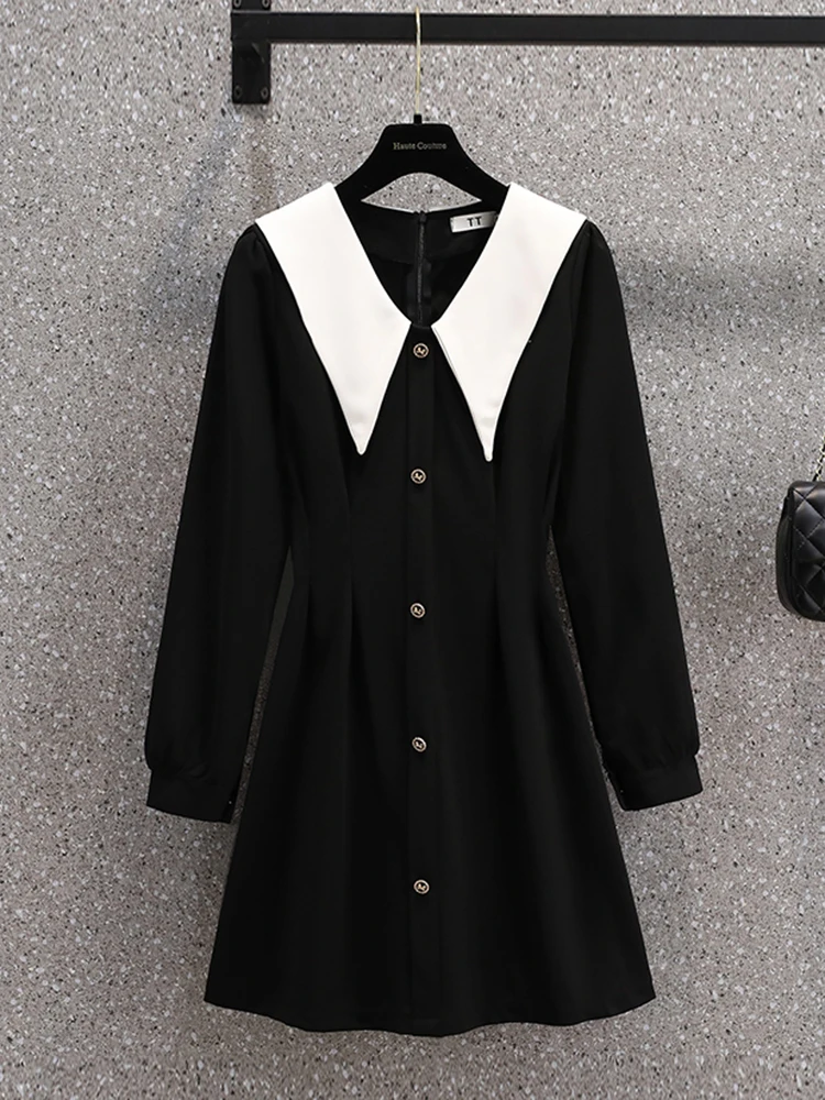 Sukienki Plus Size Kobiety Jesień 2024 New Arrival Peter Pan Collar Long Sleeve Black T Shirt Dress Women Korean Casual Dresses