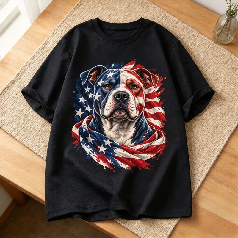 American Flag Pitbull Dog T Shirt Men Patriotic USA Flag Pitbull Graphic Tee Casual Short Sleeve Cotton Tshirt 4th of July Gift