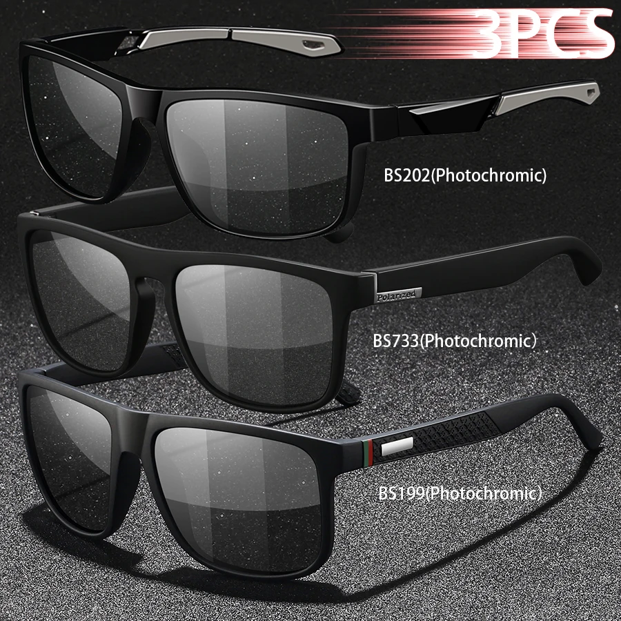 3PCS Photochromic Polarized Sports Vintage Sunglasses Men Women Cycling Driving Mountaineering Chameleon Sun Glasses UV400Eyewer