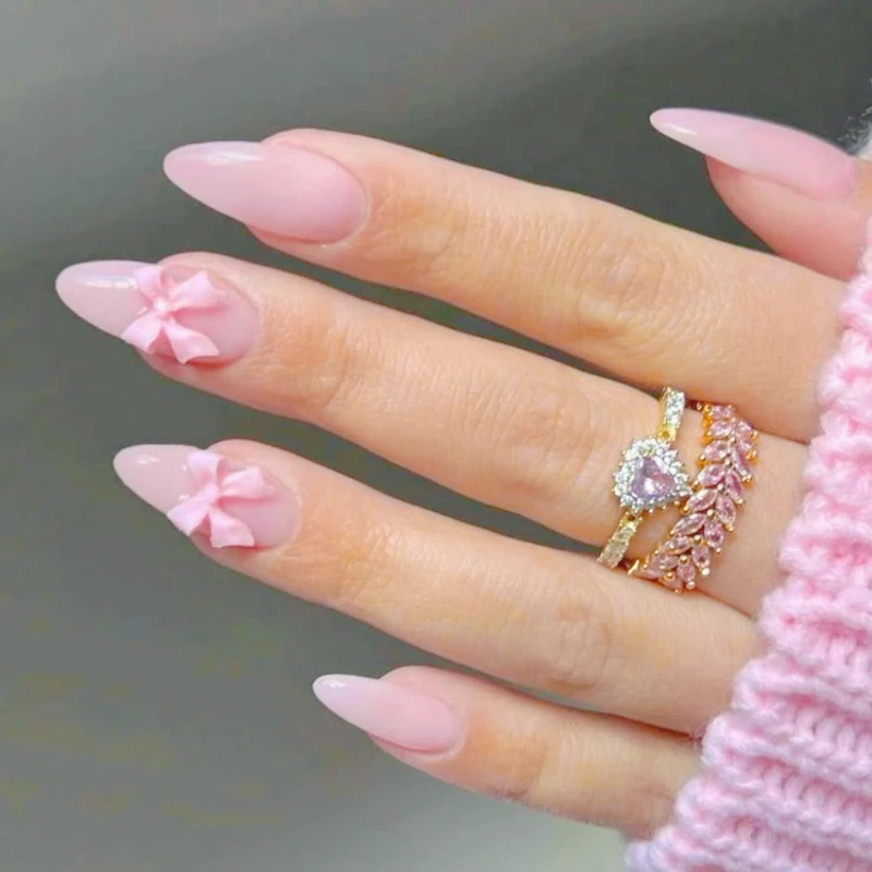

24Pcs Medium Almond Press-On Pink Nails Glossy Elegant Full Cover Nail Tips with Bow Design for Daily Simple Beauty Finger Wear