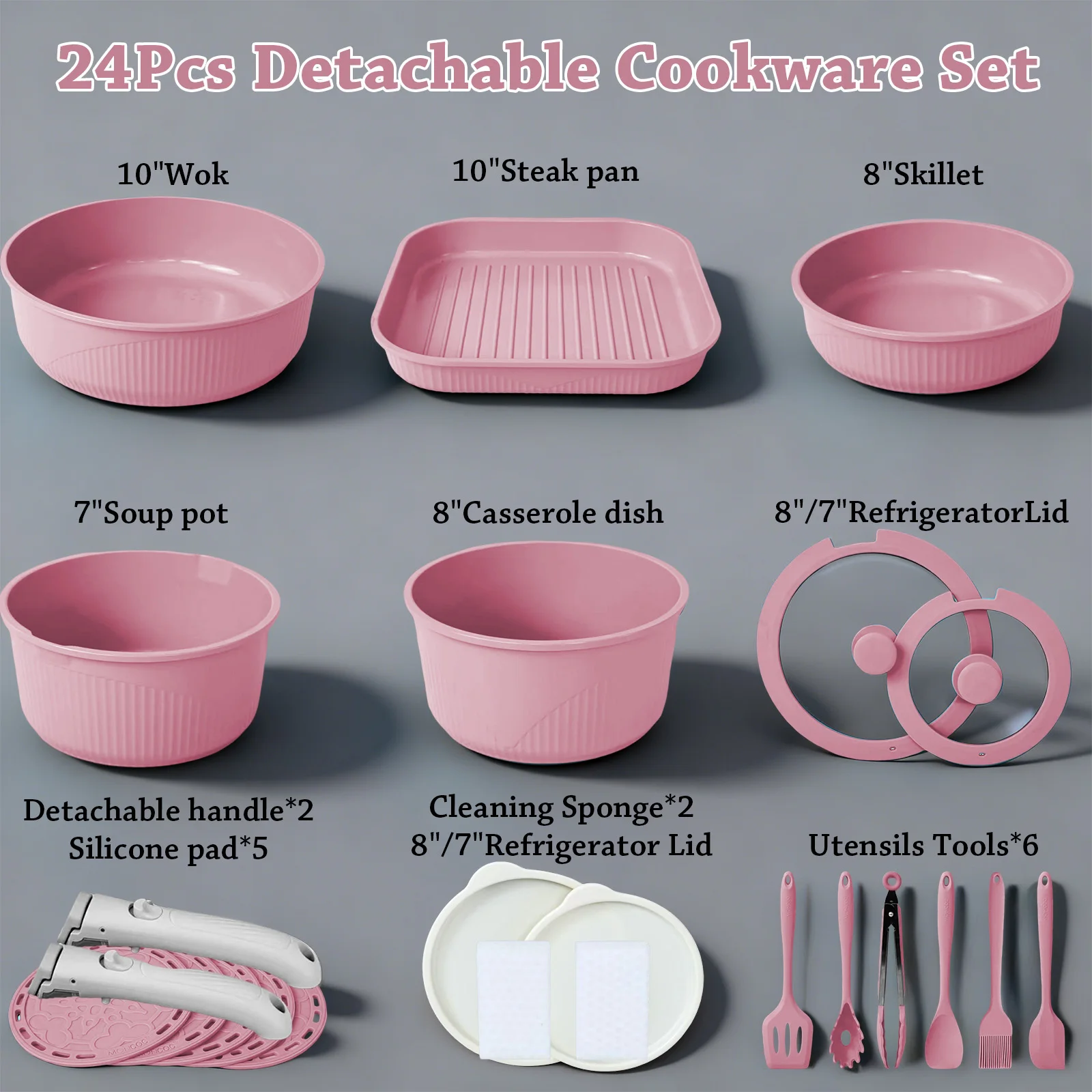 24-Piece Nonstick Cookware Set, Induction-Compatible Kitchen Cookware Set, Includes Frying Pan/Skillet/Soup Pot/Steak Pan, Removable Handles, Kitchen Set for Home and RV Use, Stackable Kitchen Accessories, Easy to Clean, Available in Multiple Colors