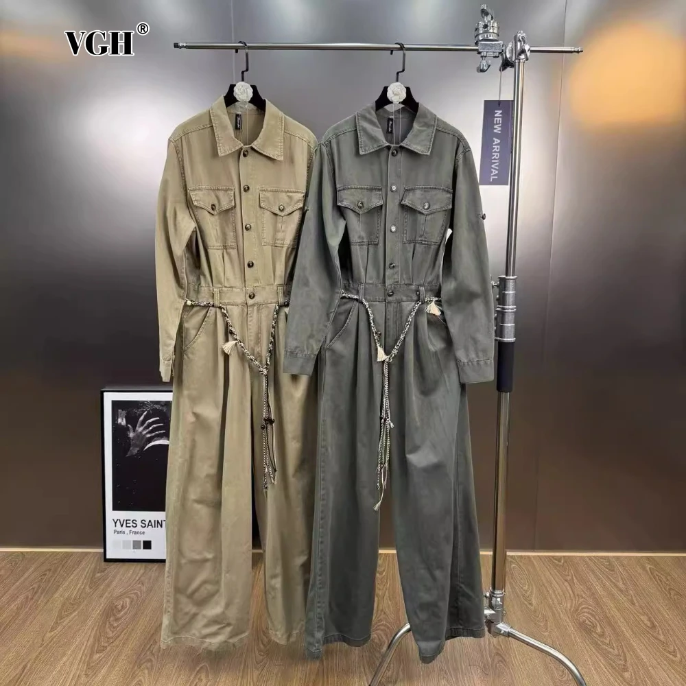 

VGH Vintage Patchwork Lace Up Jumpsuits for Women Lapel Long Sleeve High Waist Spliced Single Breasted Straight Jumpsuit Female