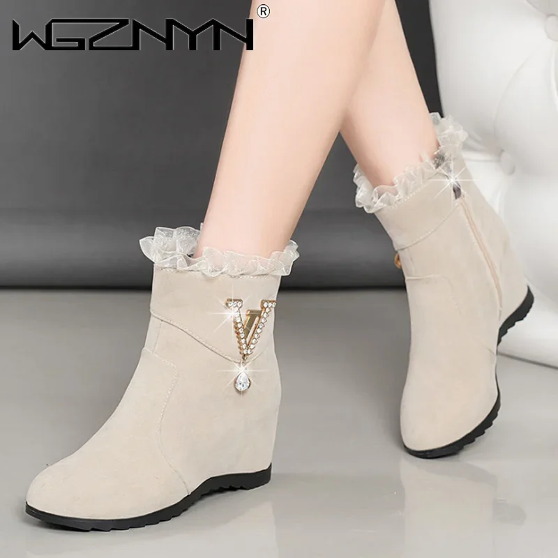 Autumn and Winter New Frosted Women Boots Mid-heel Rhinestone Women riding Boots Fur Rubber Mixed Colors Ladies Wedges Boots