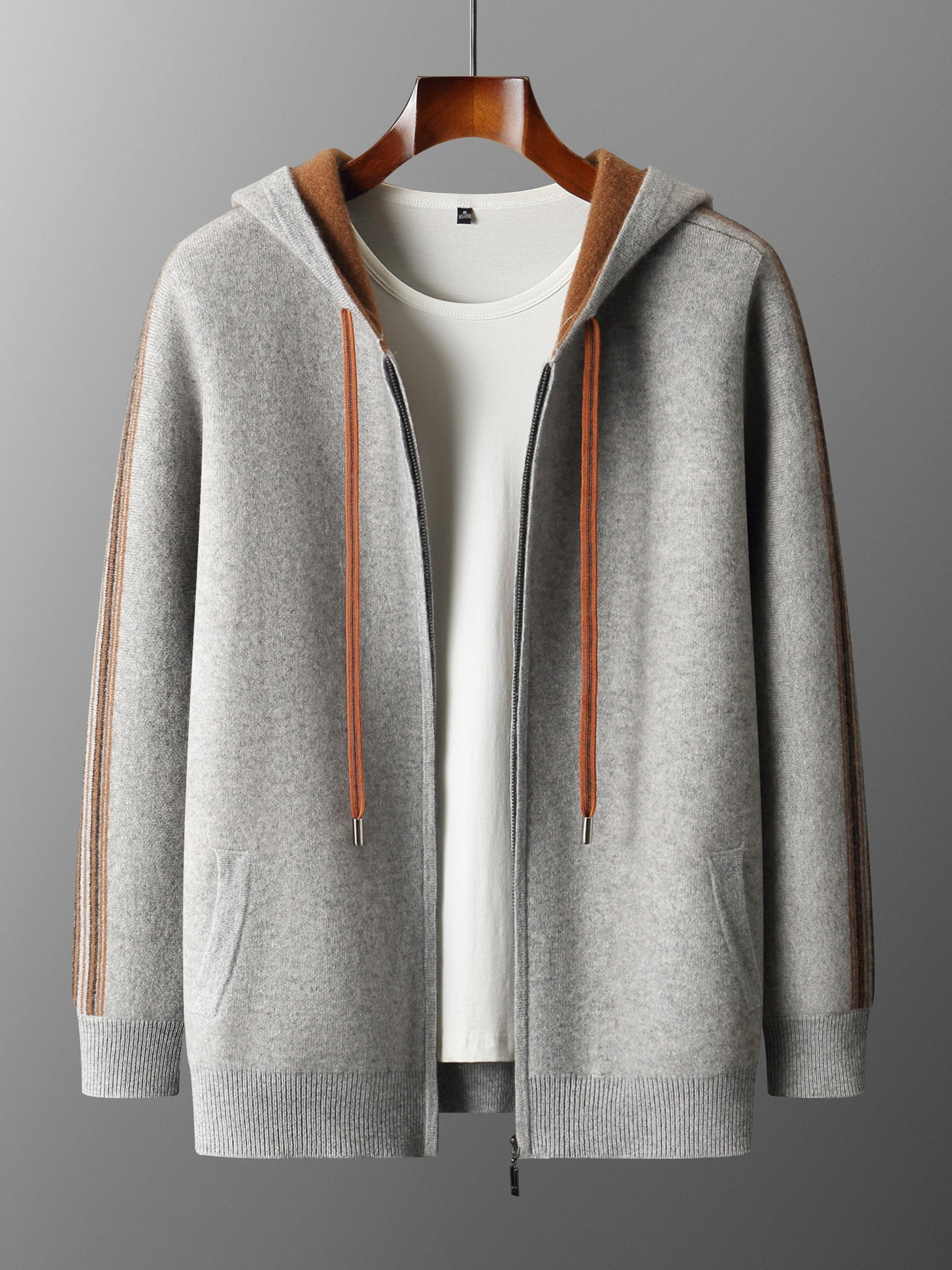 Men's New Thick Color-Block Inset 100% Cashmere Cardigan Sweater Autumn Winter Hoodie Zipper Casual Outwear Knit Jacket  Fashion
