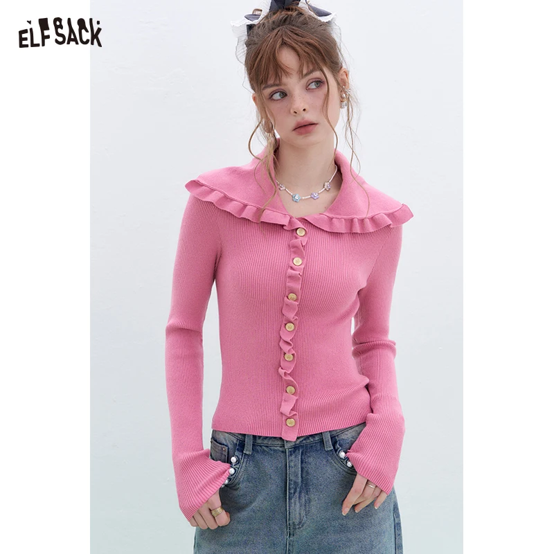 

ELFSACK 2025 Spring New Arrivals Y2K Ruffles Slim Fit Sweater Women Sweet Korean Pullover